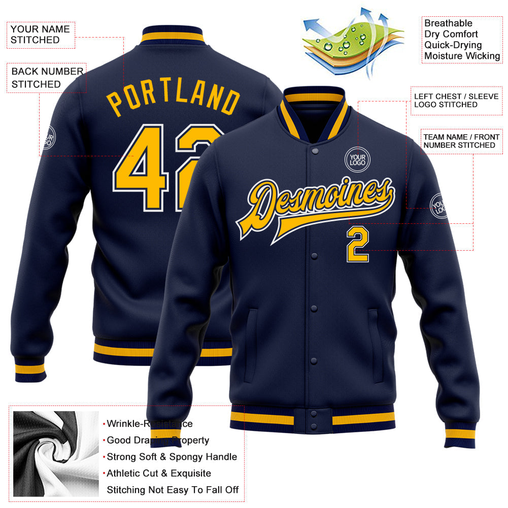 Custom Navy Gold-White Bomber Full-Snap Varsity Letterman Jacket view 5