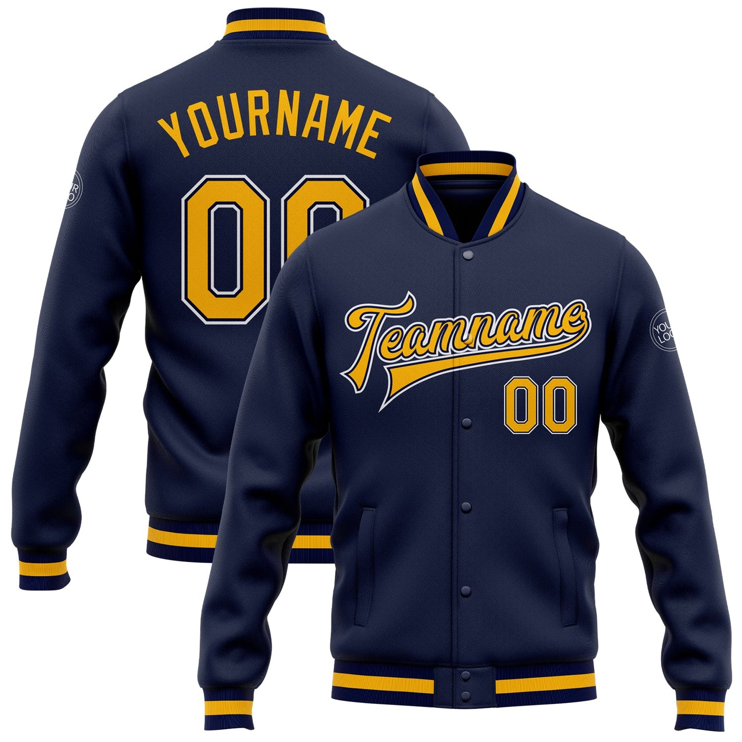 Custom Navy Gold-White Bomber Full-Snap Varsity Letterman Jacket - Main View