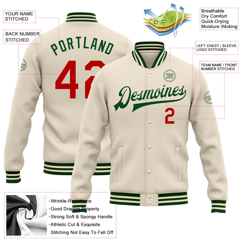 Custom Cream Red-Green Bomber Full-Snap Varsity Letterman Jacket view 5