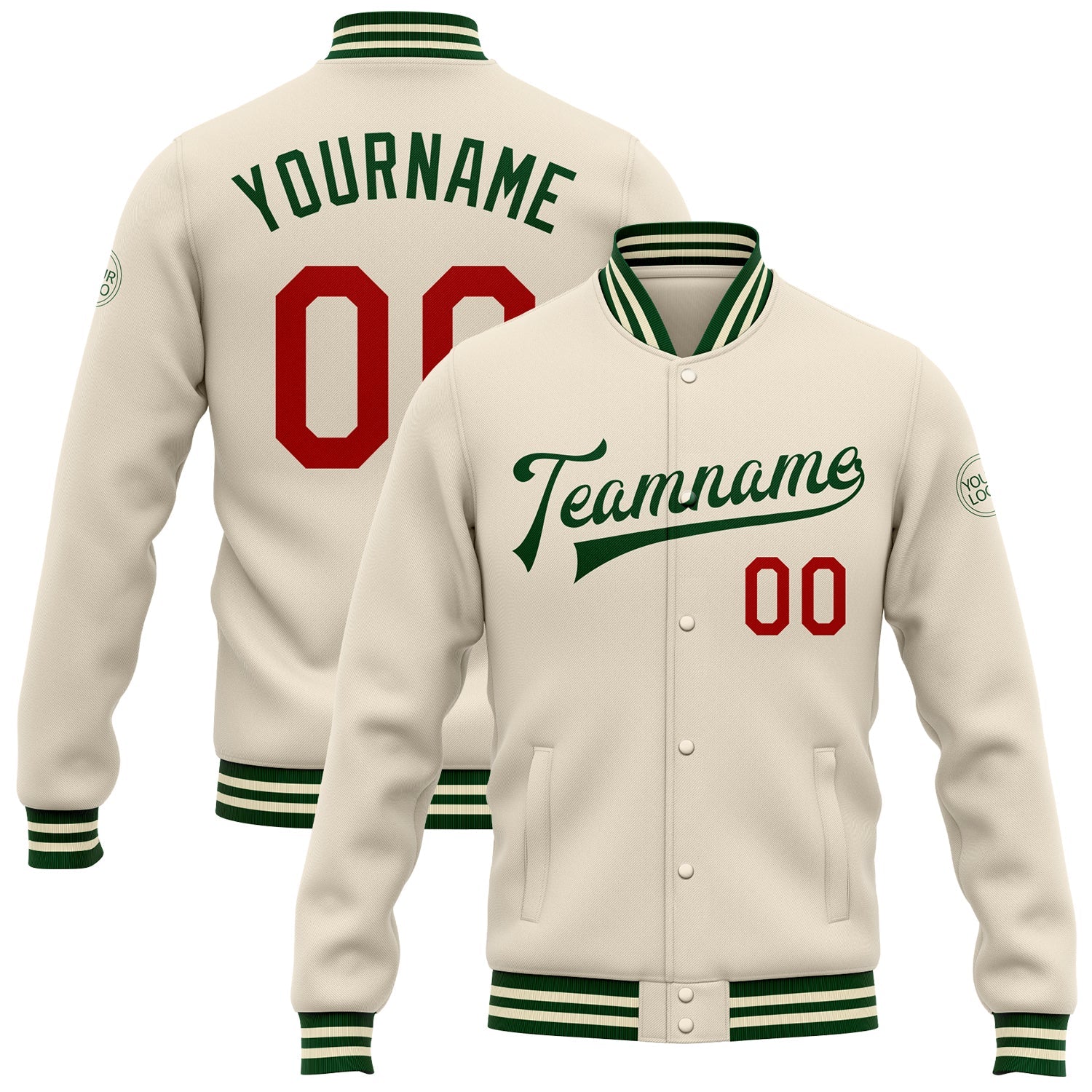 Custom Cream Red-Green Bomber Full-Snap Varsity Letterman Jacket - Main View