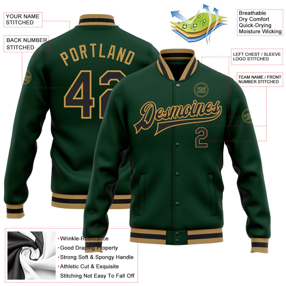 Custom Green Black-Old Gold Bomber Full-Snap Varsity Letterman Jacket view 5