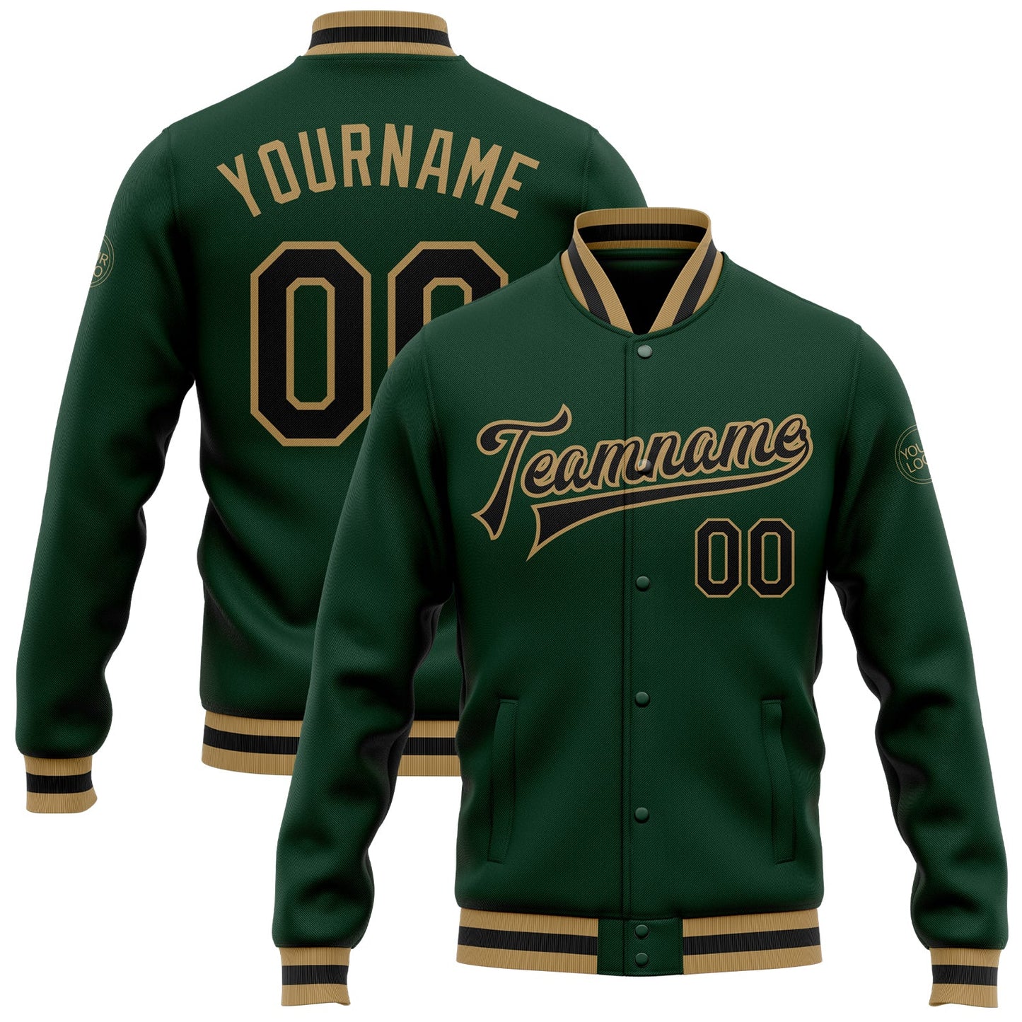 Custom Green Black-Old Gold Bomber Full-Snap Varsity Letterman Jacket - Main View