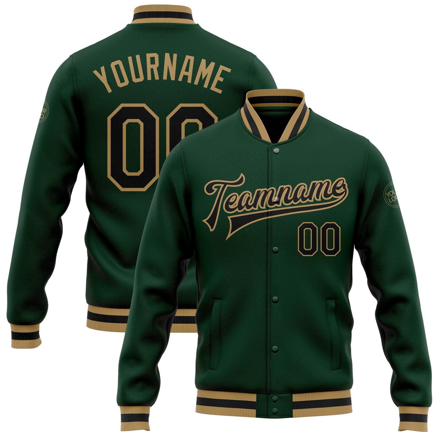 Custom Green Black-Old Gold Bomber Full-Snap Varsity Letterman Jacket - Main View