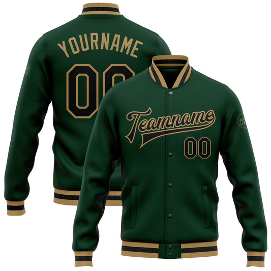 Custom Green Black-Old Gold Bomber Full-Snap Varsity Letterman Jacket - Main View