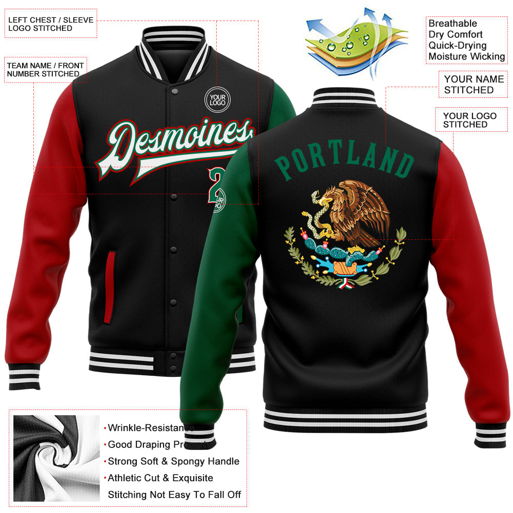 Custom Black Kelly Green-Red Mexico 3D Bomber Full-Snap Varsity Letterman Two Tone Jacket view 5