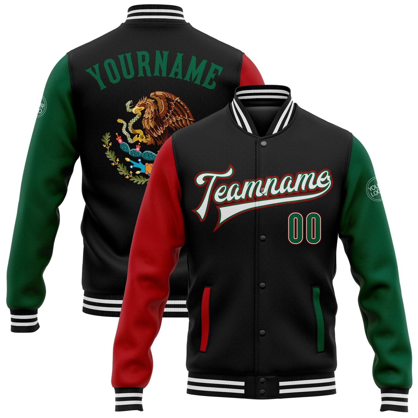 Custom Black Kelly Green-Red Mexico 3D Bomber Full-Snap Varsity Letterman Two Tone Jacket - Main View