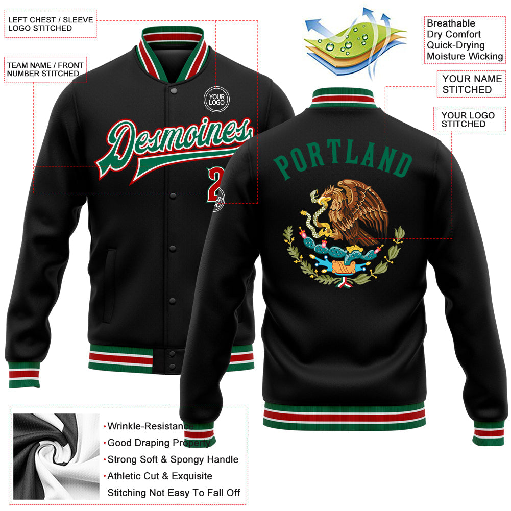 Custom Black Red-Kelly Green Mexico 3D Bomber Full-Snap Varsity Letterman Jacket view 5