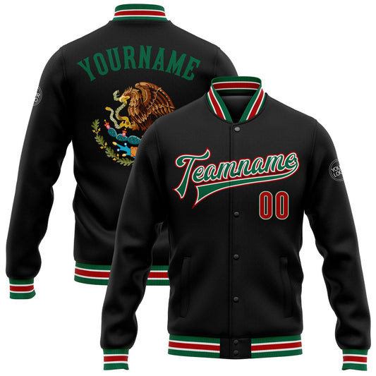 Custom Black Red-Kelly Green Mexico 3D Bomber Full-Snap Varsity Letterman Jacket - Main View