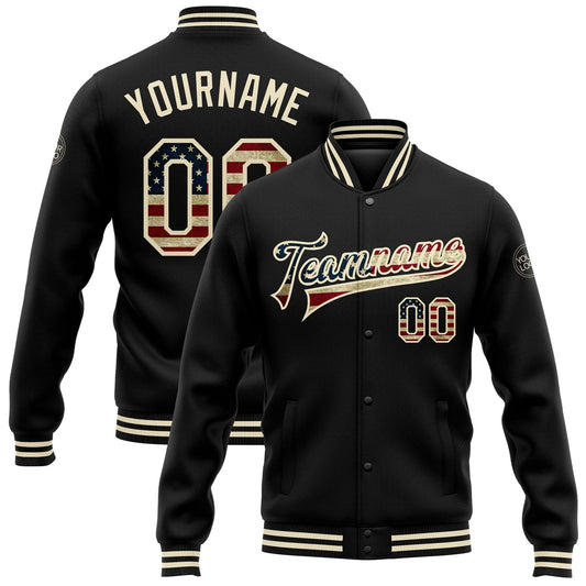 Custom Black Vintage USA Flag-Cream Bomber Full-Snap Varsity Letterman Jacket - Main View