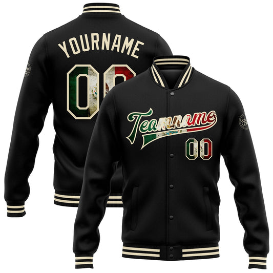Custom Black Vintage Mexican Flag-Cream Bomber Full-Snap Varsity Letterman Jacket - Main View