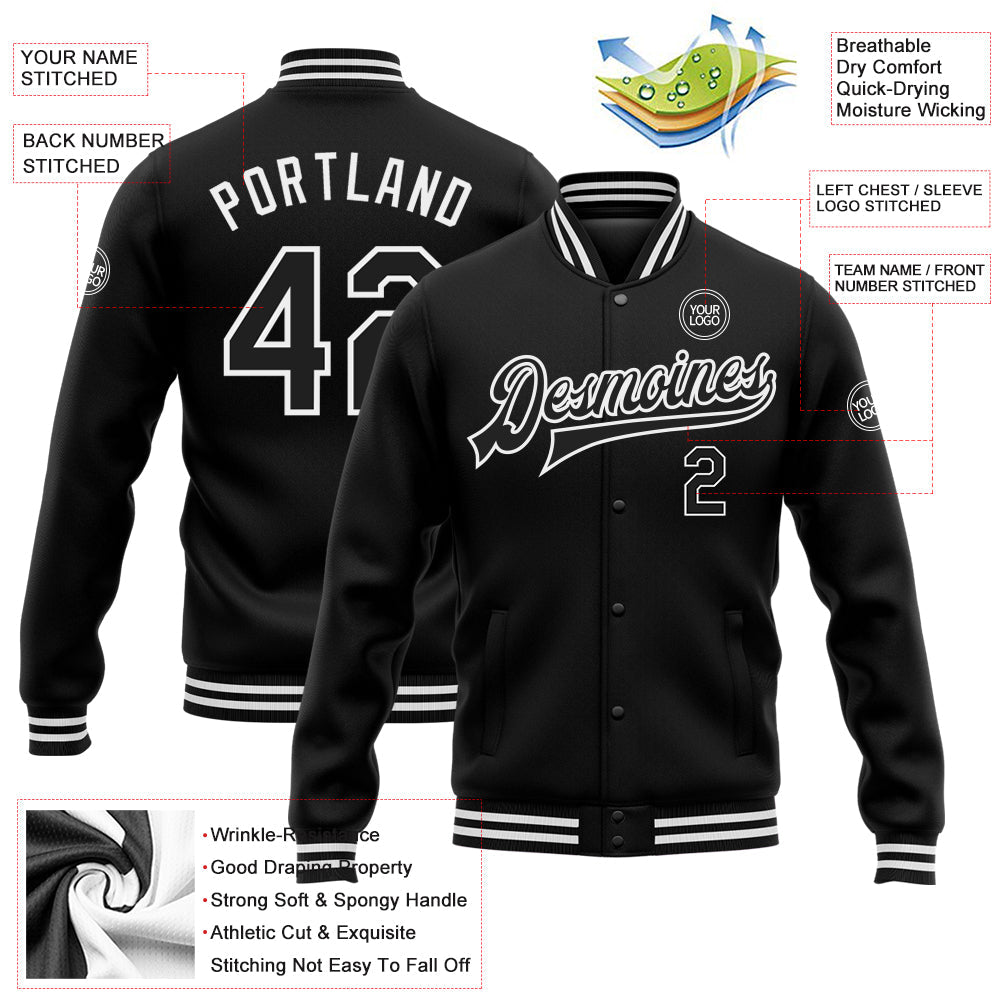 Custom Black White Bomber Full-Snap Varsity Letterman Jacket view 5