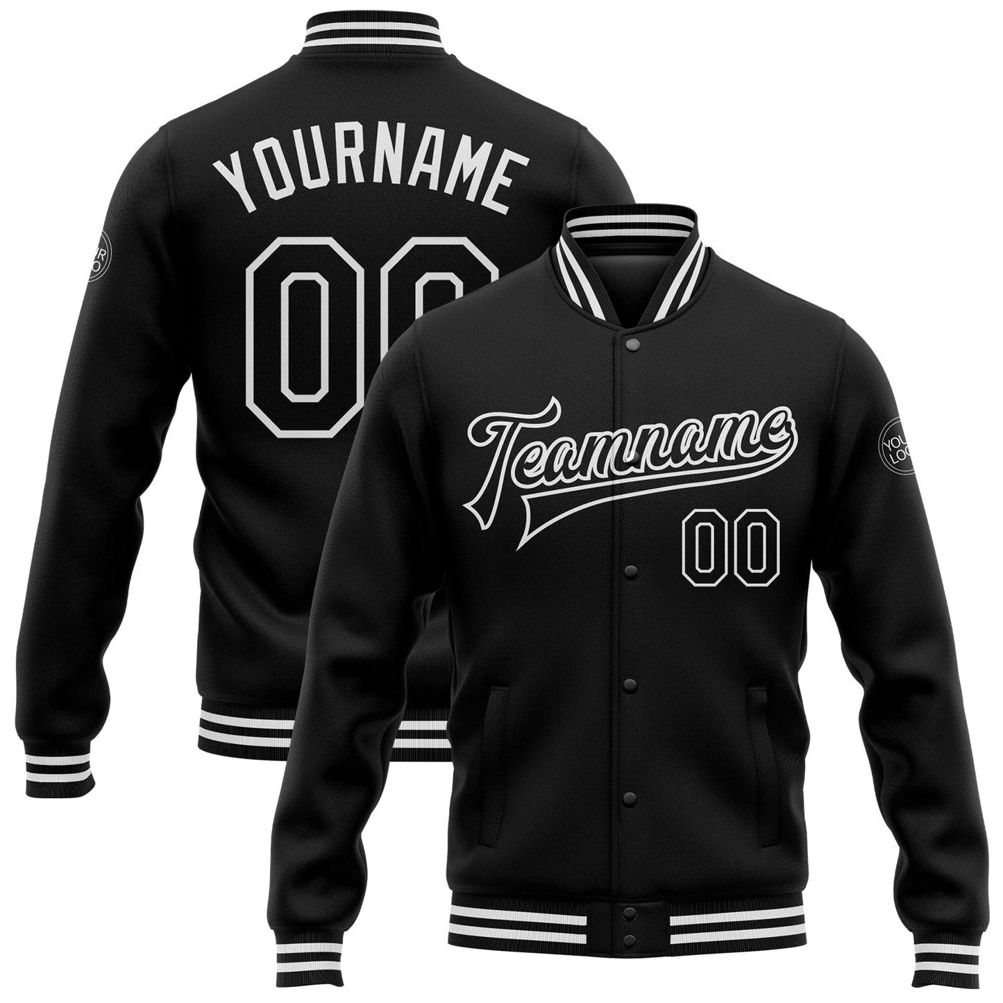 Custom Black White Bomber Full-Snap Varsity Letterman Jacket - Main View