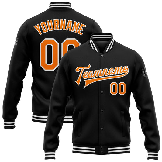 Custom Black Bay Orange-White Bomber Full-Snap Varsity Letterman Jacket - Main View
