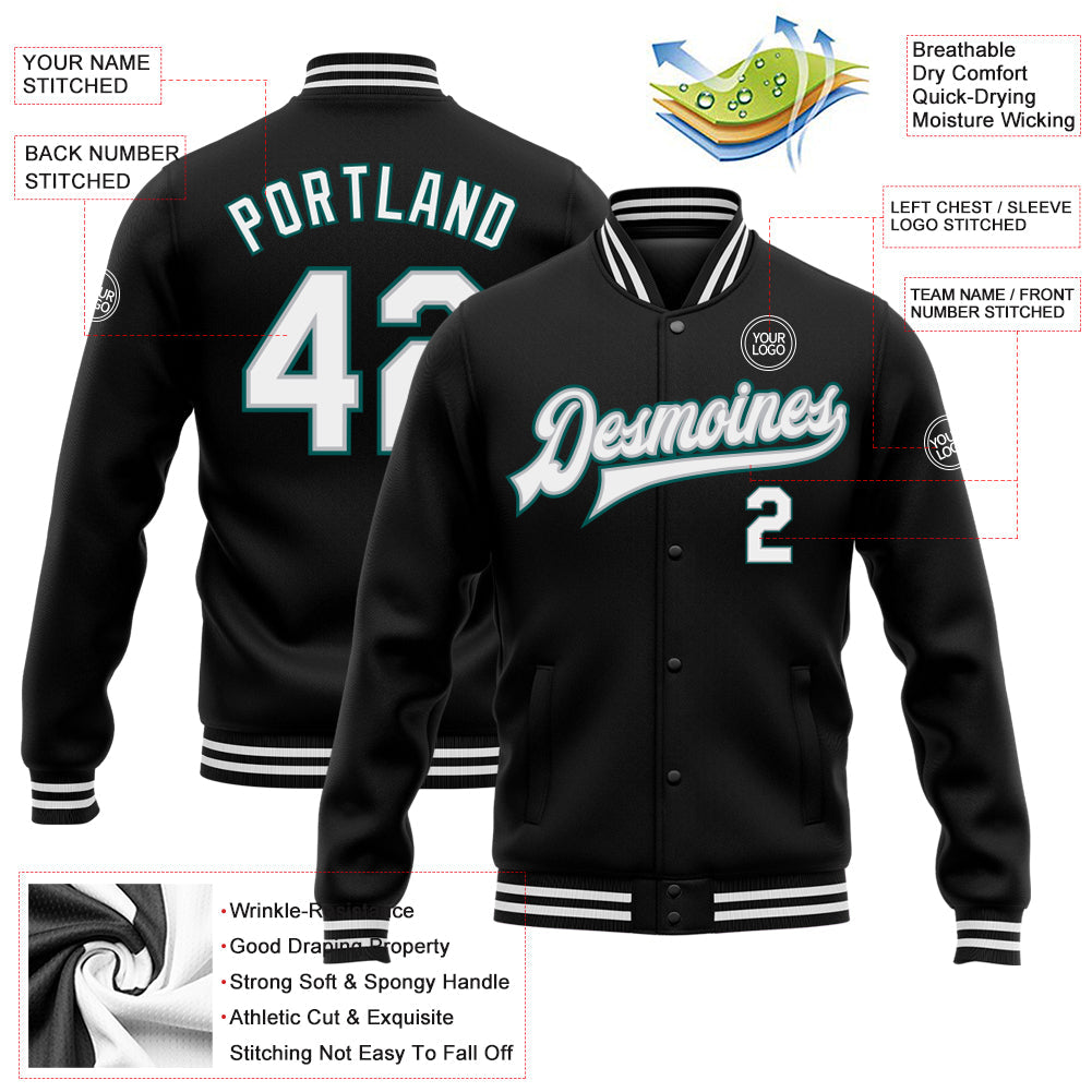 Custom Black White Gray-Midnight Green Bomber Full-Snap Varsity Letterman Jacket view 5