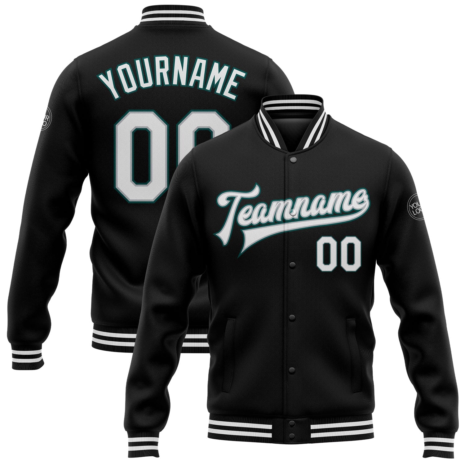 Custom Black White Gray-Midnight Green Bomber Full-Snap Varsity Letterman Jacket - Main View
