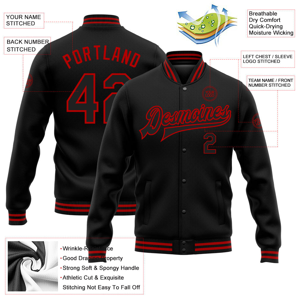 Custom Black Red Bomber Full-Snap Varsity Letterman Jacket view 5