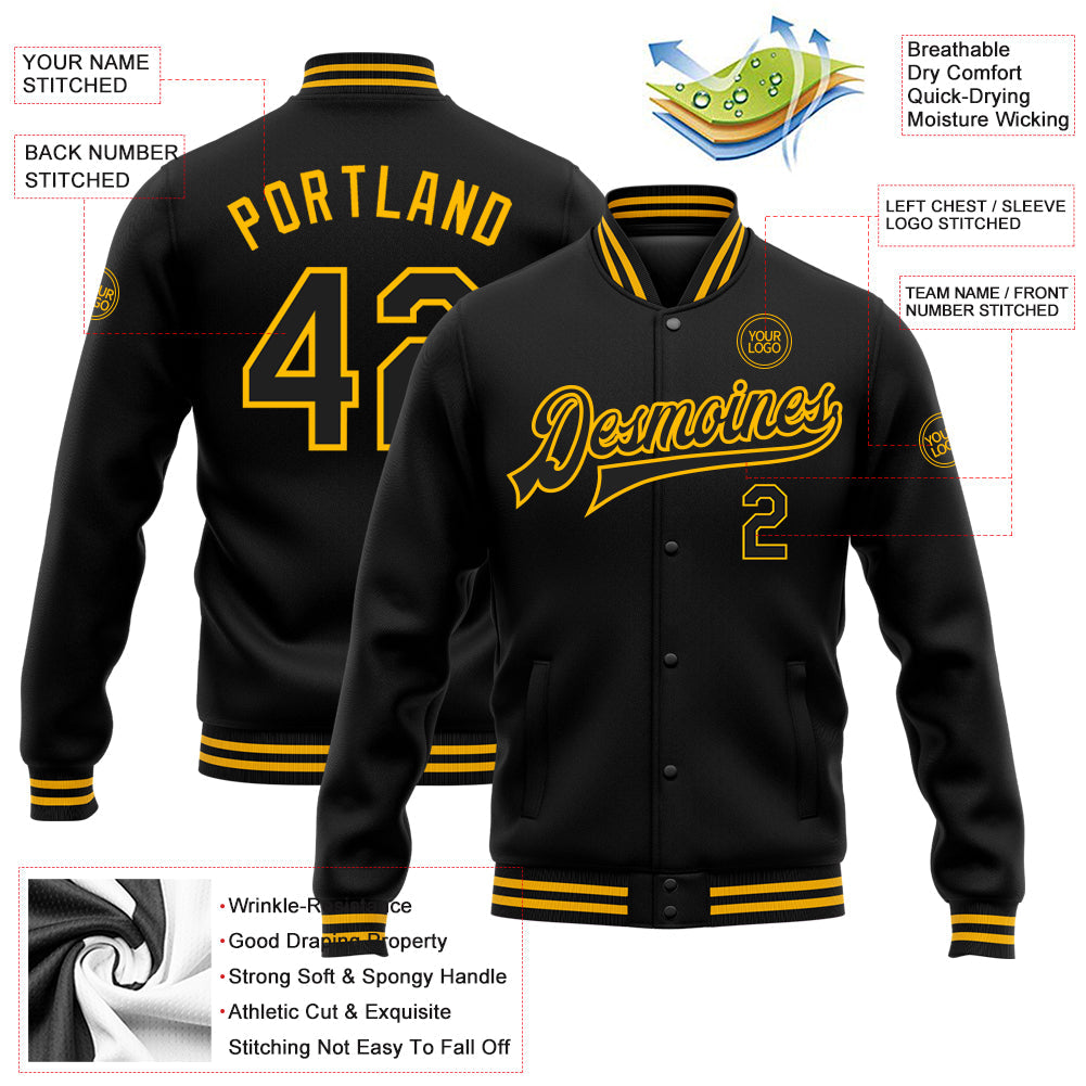 Custom Black Gold Bomber Full-Snap Varsity Letterman Jacket view 5