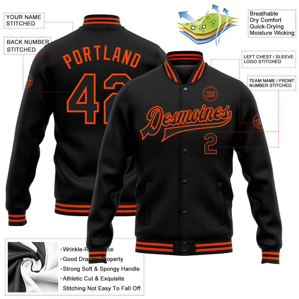 Custom Black Orange Bomber Full-Snap Varsity Letterman Jacket view 5
