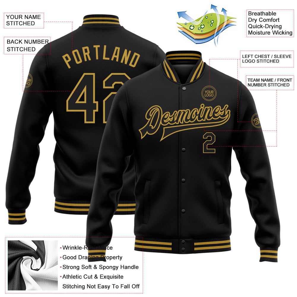 Custom Black Old Gold Bomber Full-Snap Varsity Letterman Jacket view 5