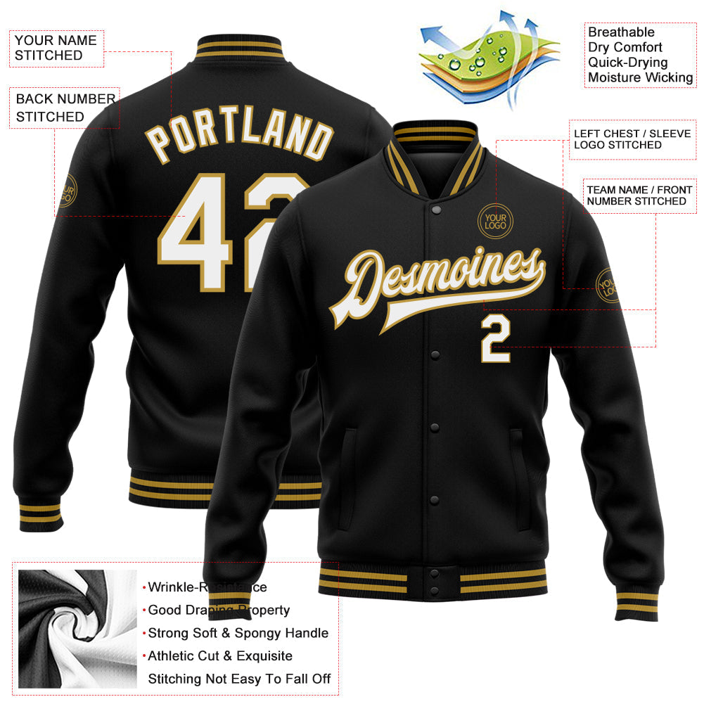 Custom Black White-Old Gold Bomber Full-Snap Varsity Letterman Jacket view 5