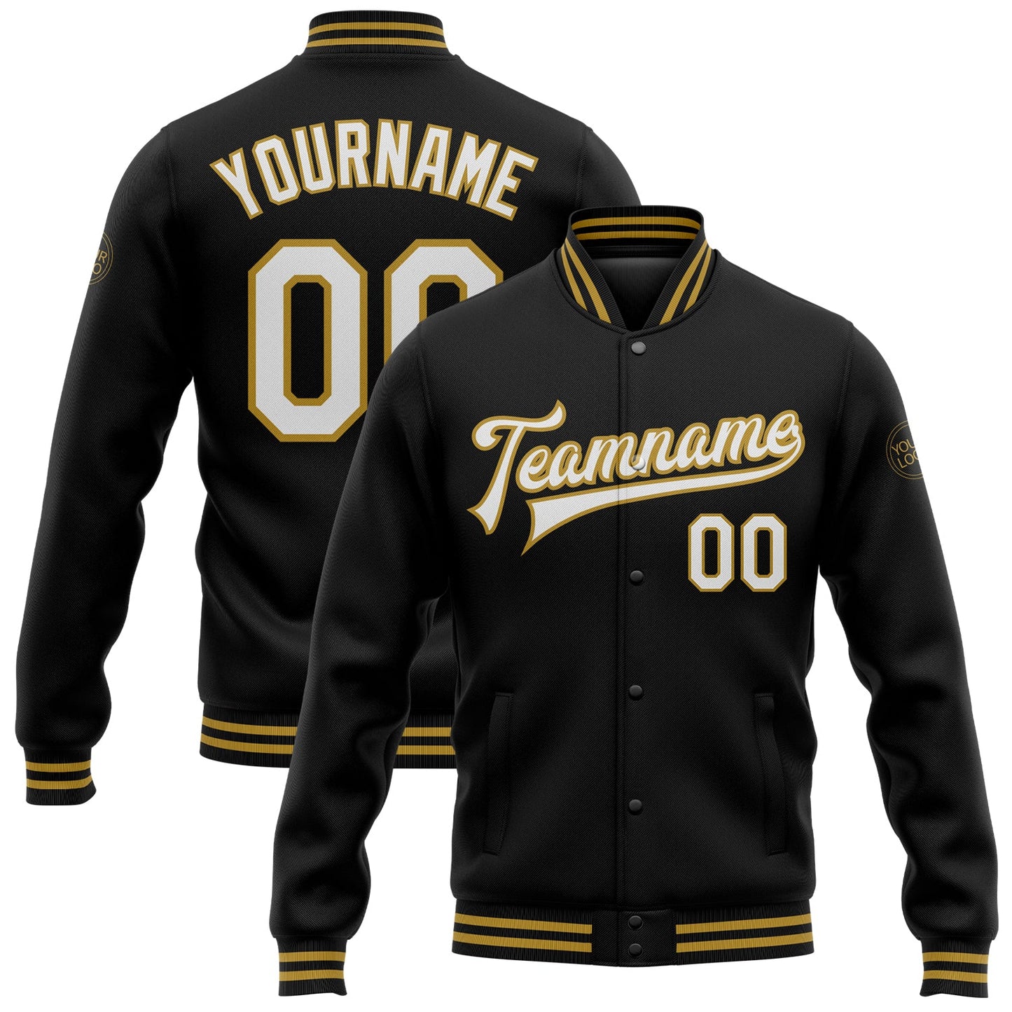 Custom Black White-Old Gold Bomber Full-Snap Varsity Letterman Jacket - Main View