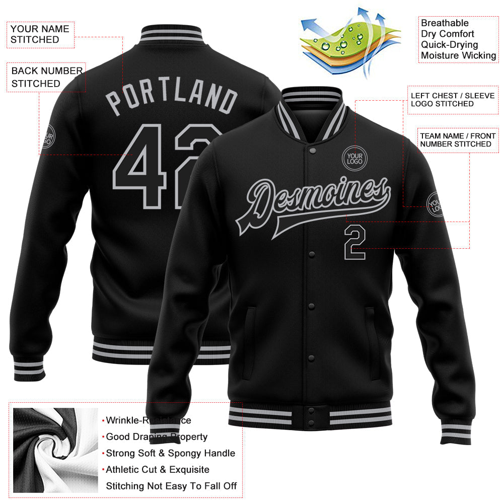 Custom Black Gray Bomber Full-Snap Varsity Letterman Jacket view 5