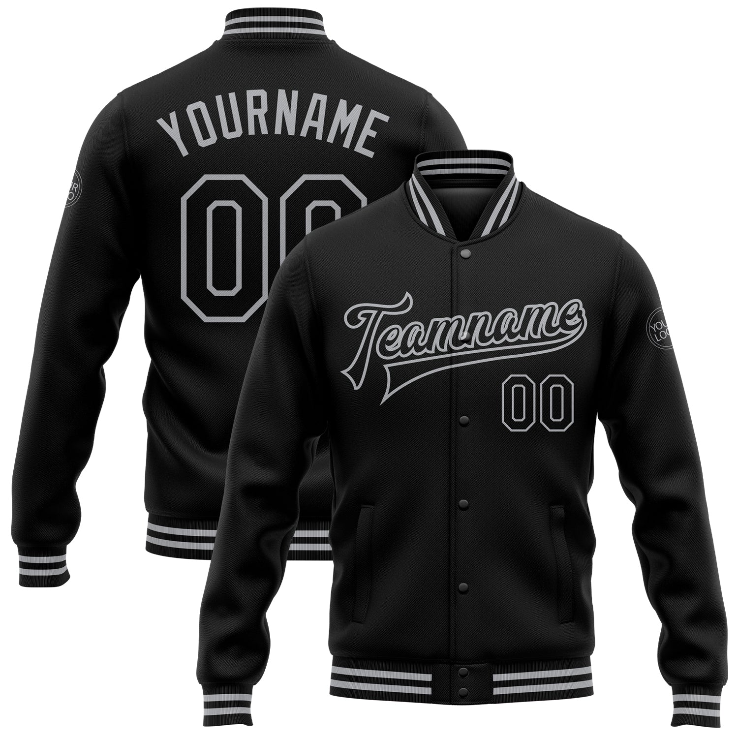 Custom Black Gray Bomber Full-Snap Varsity Letterman Jacket - Main View