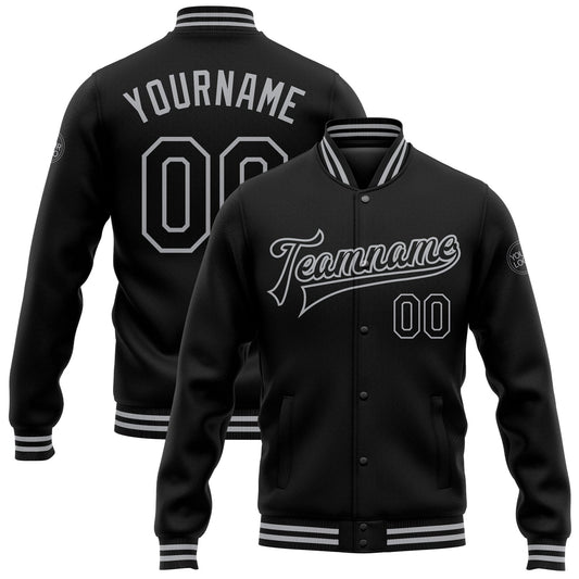 Custom Black Gray Bomber Full-Snap Varsity Letterman Jacket - Main View