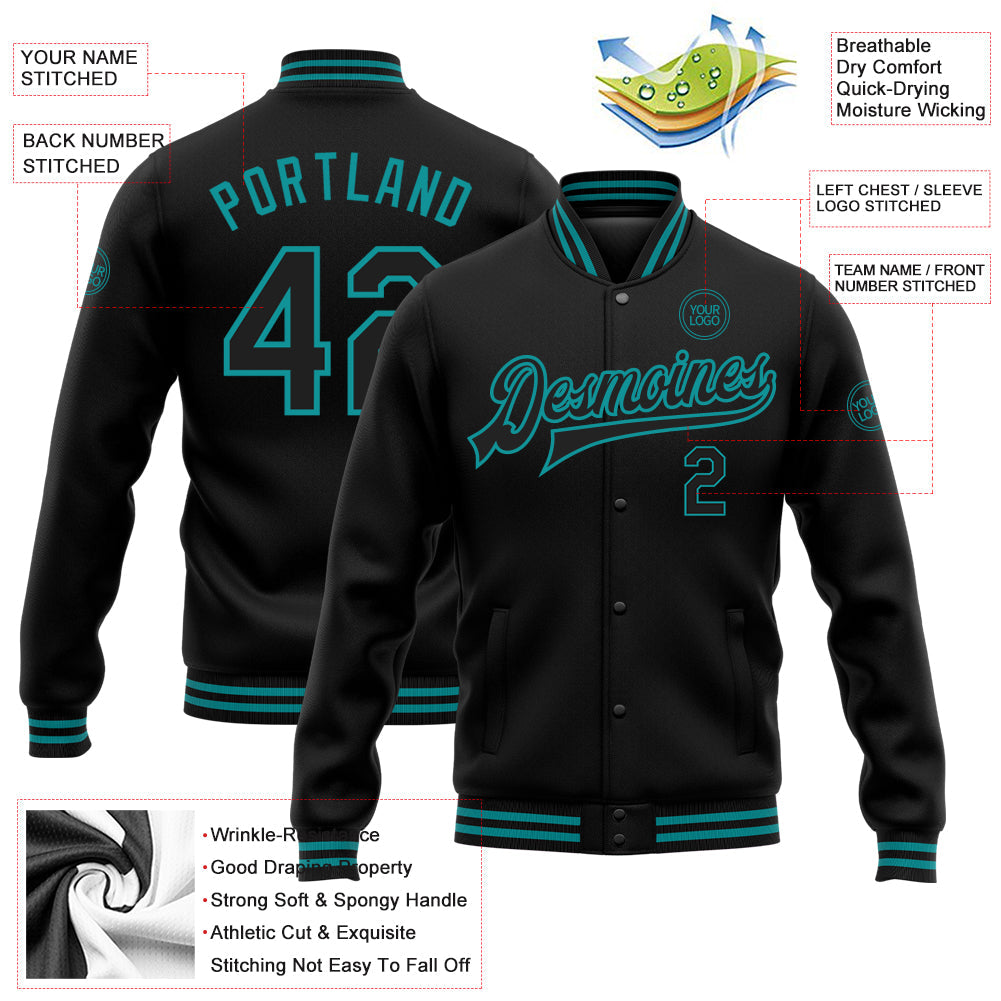 Custom Black Teal Bomber Full-Snap Varsity Letterman Jacket view 5