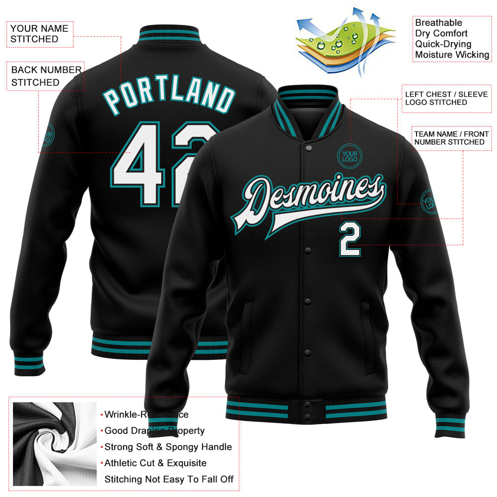 Custom Black White-Teal Bomber Full-Snap Varsity Letterman Jacket view 5