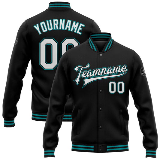 Custom Black White-Teal Bomber Full-Snap Varsity Letterman Jacket - Main View