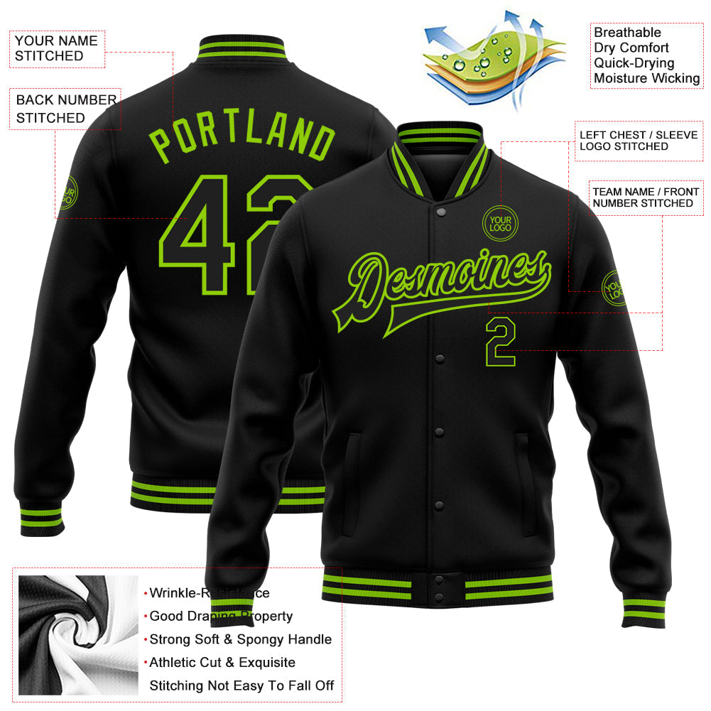Custom Black Neon Green Bomber Full-Snap Varsity Letterman Jacket view 5