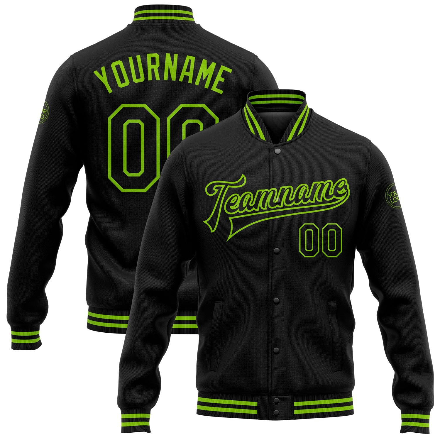 Custom Black Neon Green Bomber Full-Snap Varsity Letterman Jacket - Main View