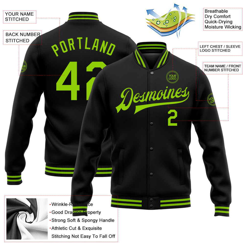 Custom Black Neon Green Bomber Full-Snap Varsity Letterman Jacket view 5