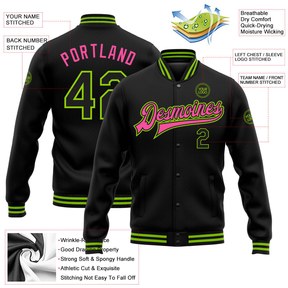 Custom Black Neon Green-Pink Bomber Full-Snap Varsity Letterman Jacket view 5