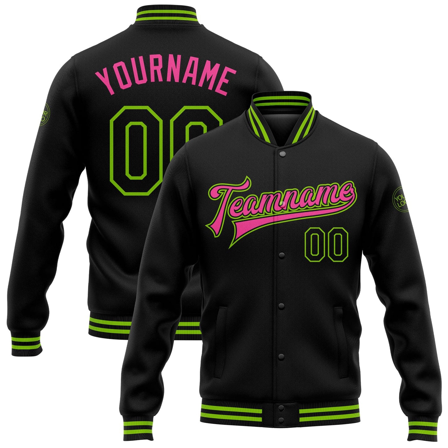 Custom Black Neon Green-Pink Bomber Full-Snap Varsity Letterman Jacket - Main View