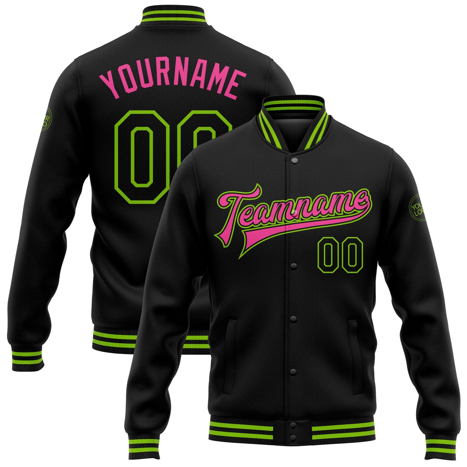 Custom Black Neon Green-Pink Bomber Full-Snap Varsity Letterman Jacket - Main View