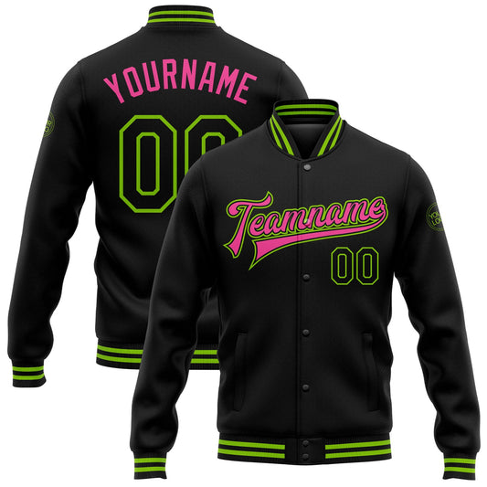 Custom Black Neon Green-Pink Bomber Full-Snap Varsity Letterman Jacket - Main View