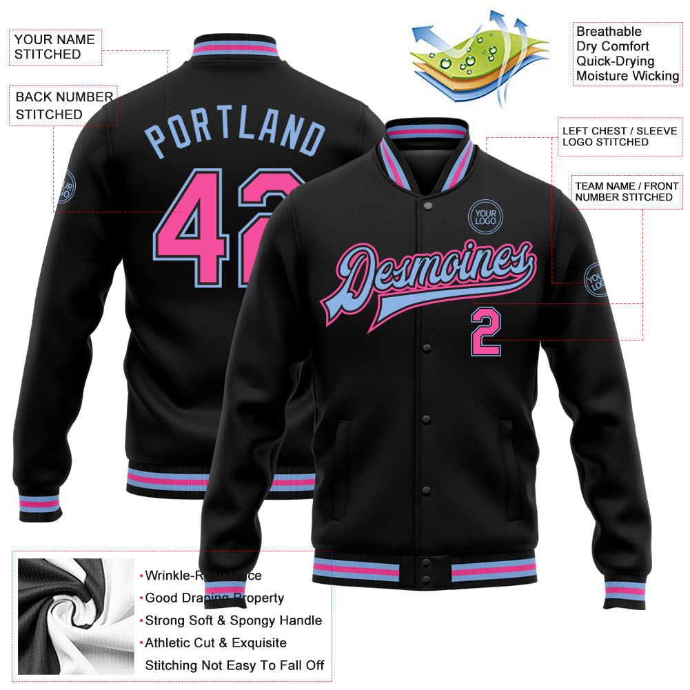 Custom Black Pink-Light Blue Bomber Full-Snap Varsity Letterman Jacket view 5
