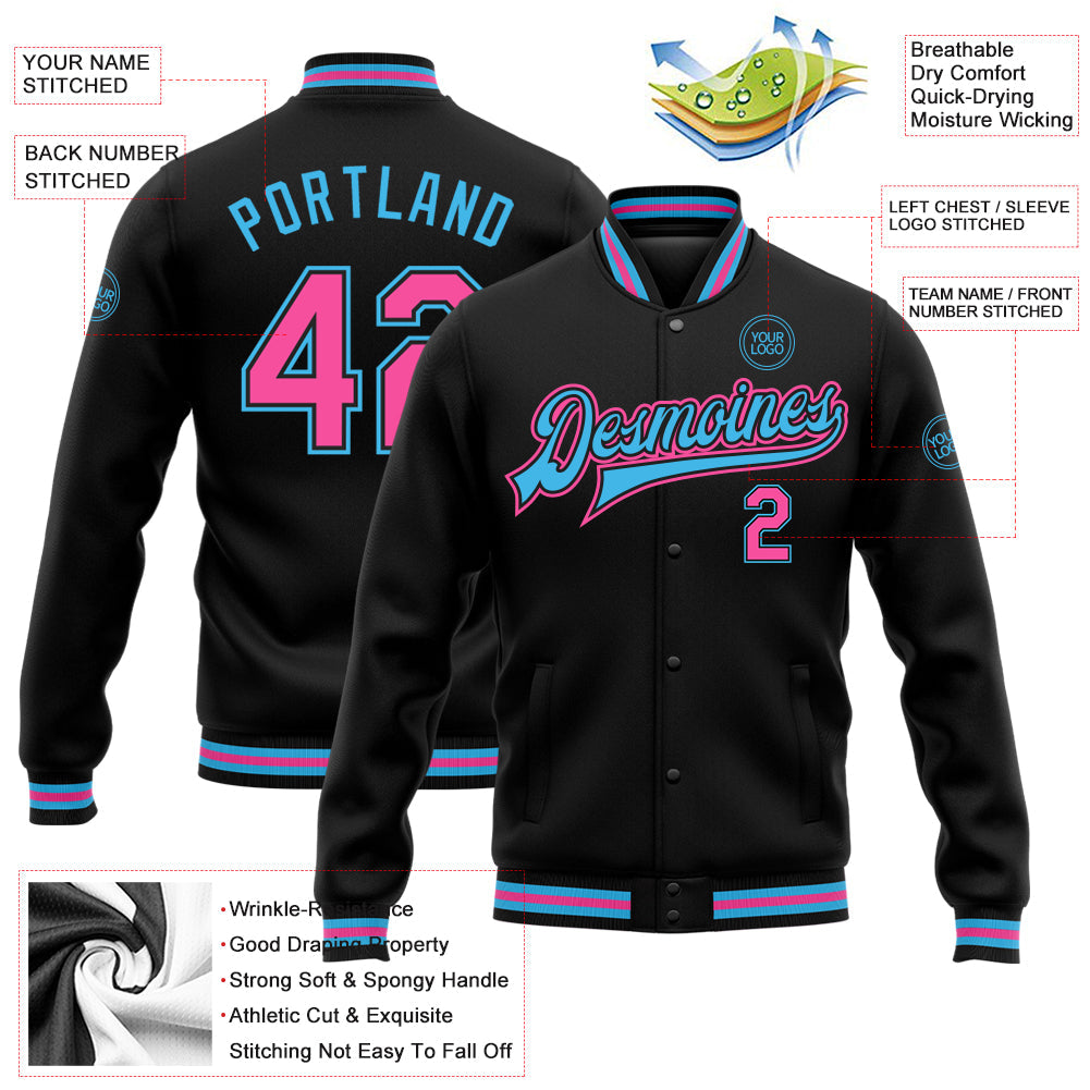 Custom Black Pink-Sky Blue Bomber Full-Snap Varsity Letterman Jacket view 5