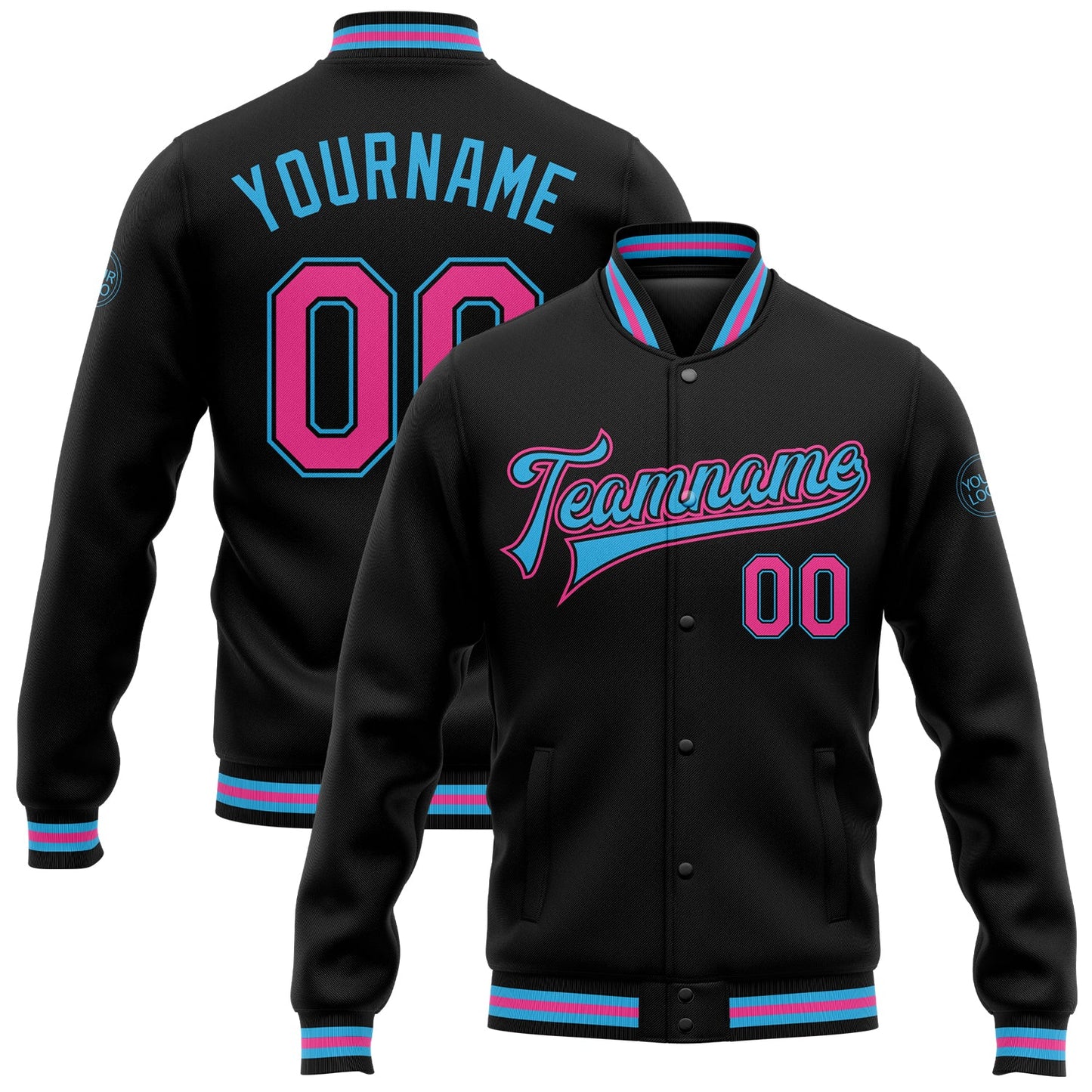 Custom Black Pink-Sky Blue Bomber Full-Snap Varsity Letterman Jacket - Main View