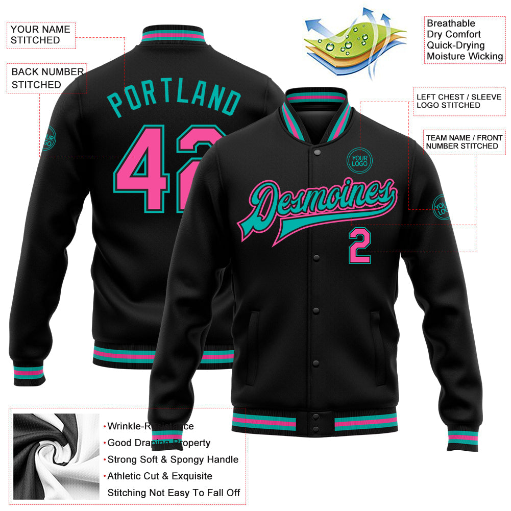 Custom Black Pink-Aqua Bomber Full-Snap Varsity Letterman Jacket view 5