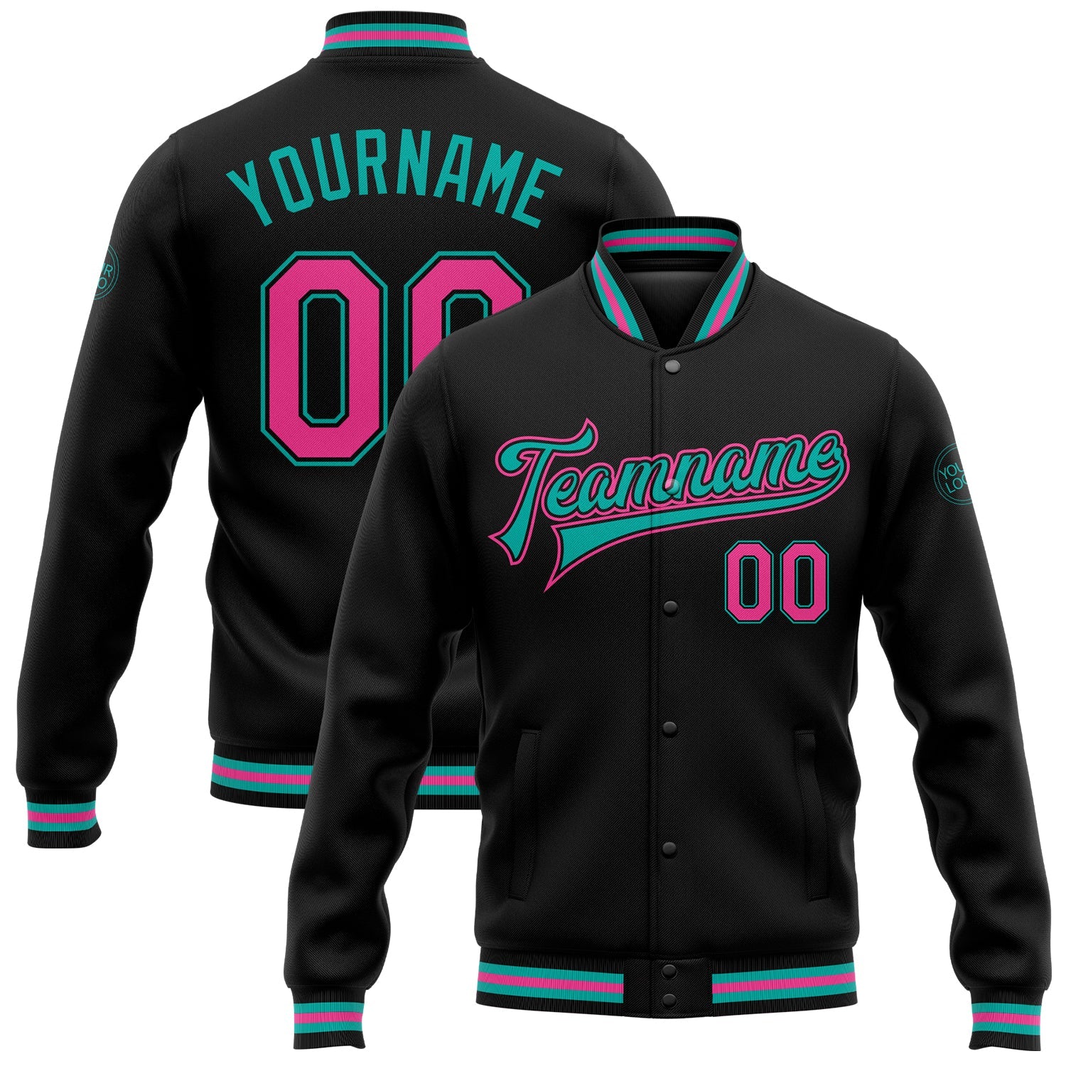 Custom Black Pink-Aqua Bomber Full-Snap Varsity Letterman Jacket - Main View