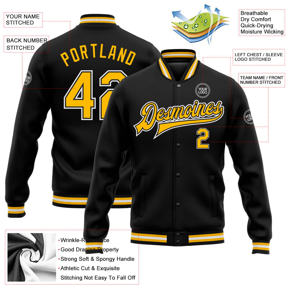 Custom Black Gold-White Bomber Full-Snap Varsity Letterman Jacket view 5