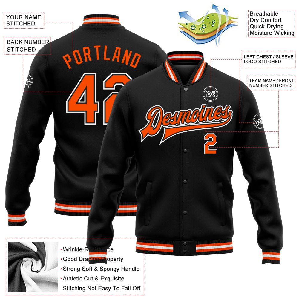 Custom Black Orange-White Bomber Full-Snap Varsity Letterman Jacket view 5