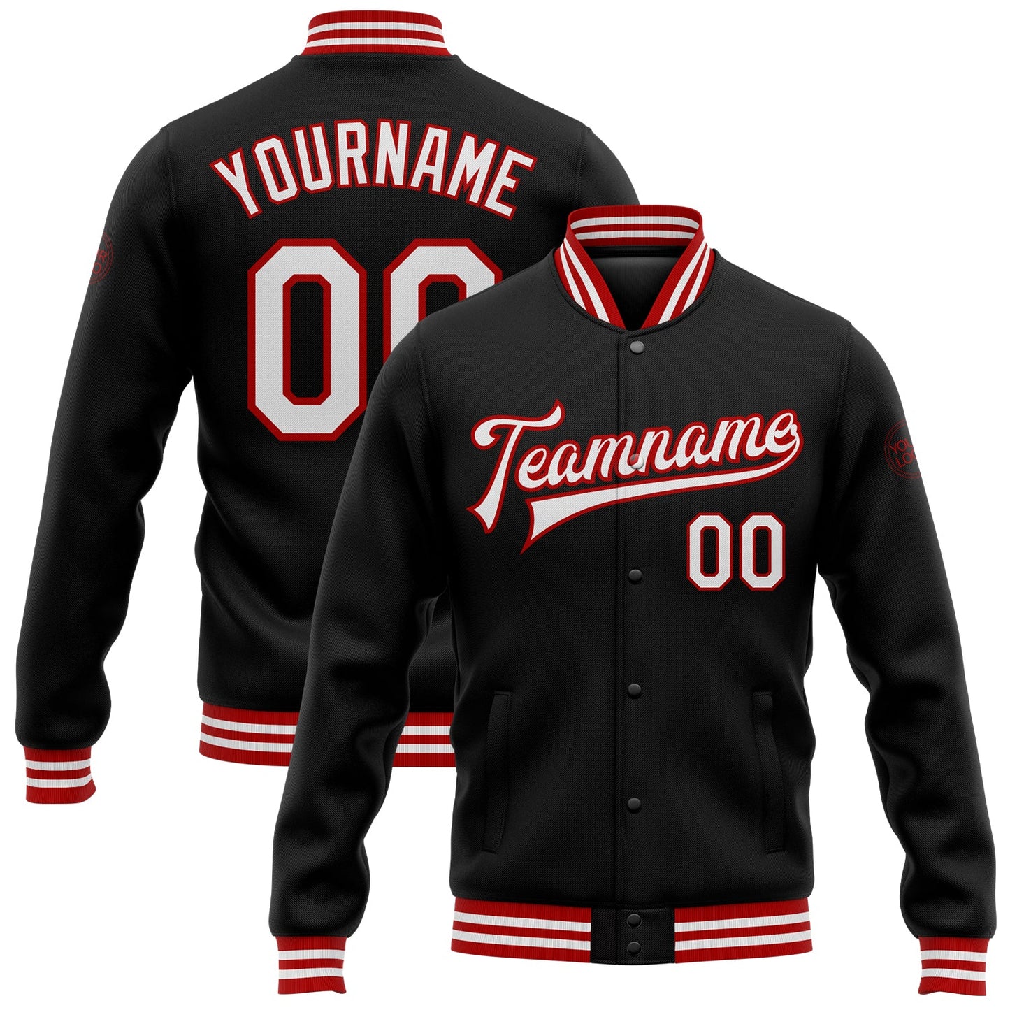 Custom Black White-Red Bomber Full-Snap Varsity Letterman Jacket - Main View