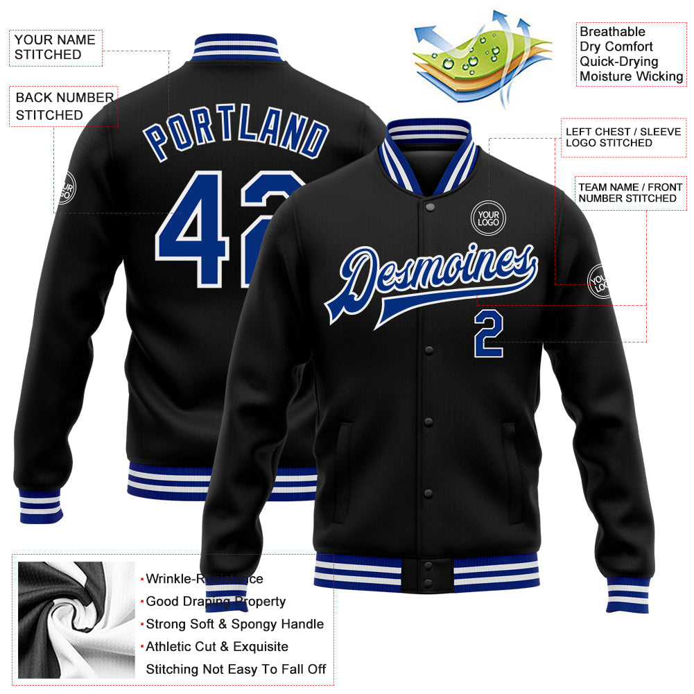 Custom Black Royal-White Bomber Full-Snap Varsity Letterman Jacket view 5