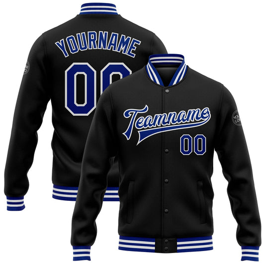 Custom Black Royal-White Bomber Full-Snap Varsity Letterman Jacket - Main View