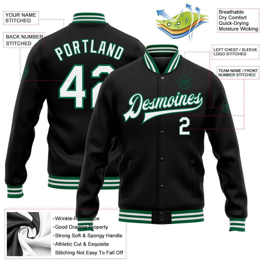 Custom Black White-Kelly Green Bomber Full-Snap Varsity Letterman Jacket view 5