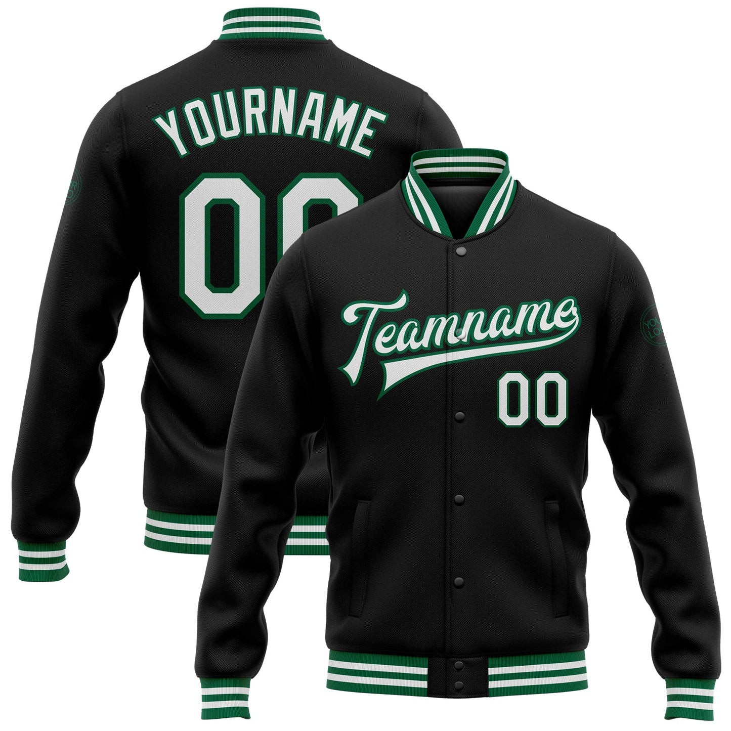 Custom Black White-Kelly Green Bomber Full-Snap Varsity Letterman Jacket - Main View